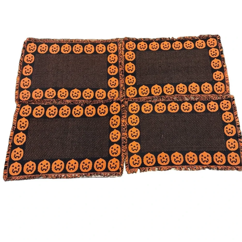 VTG Halloween Decor Woven Tapestry Placemats (4) 1990s Y2K Pumpkin Orange Black